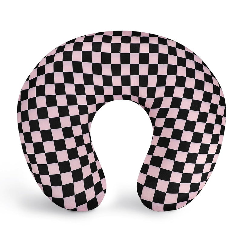 DILIMI Nursing Pillow Cover, Stretchy Removable Case for Breastfeeding Pillows, Ultra Soft Comfortable Slipcover for Baby Girl and Boy, Black Pink Checkered - Image 1